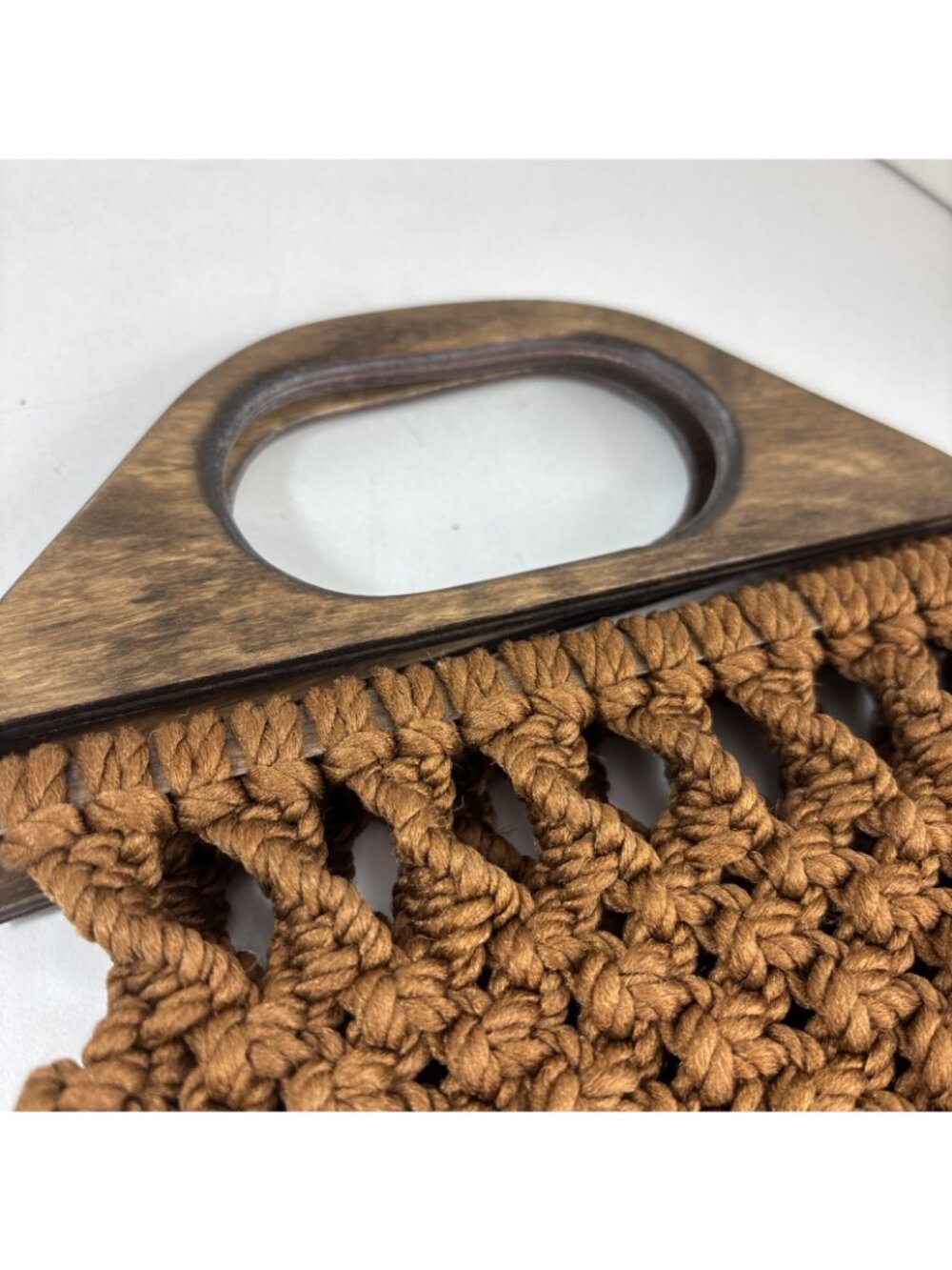 Vintage Crochet Handbag Brown Textured Purse Wooden Handles 9.5 X 14 Boho Retro - Picture 3 of 8